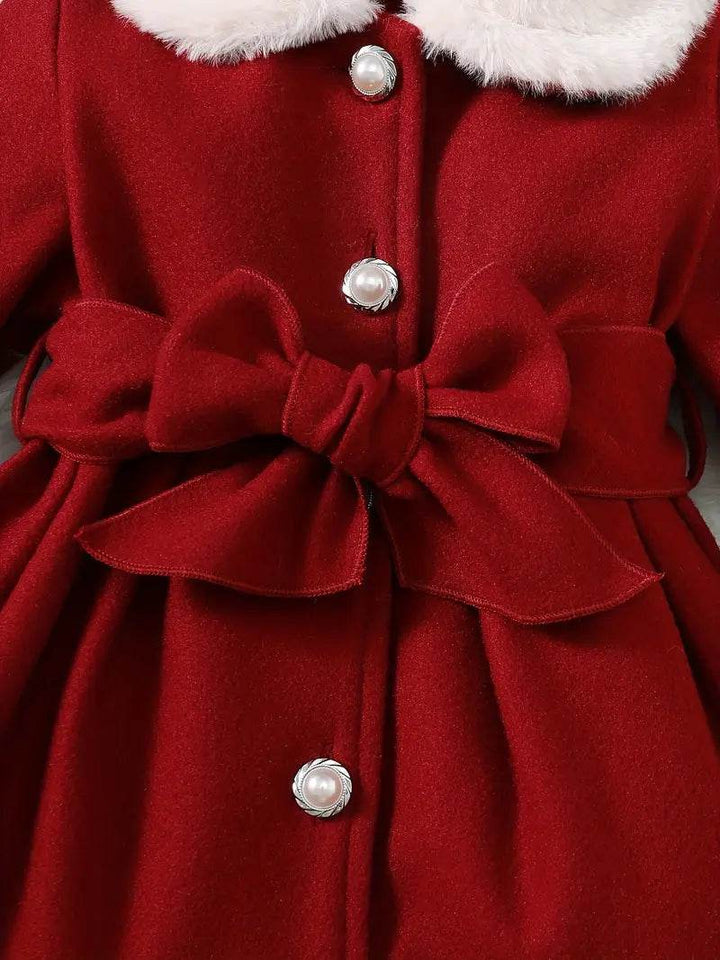Girls' Winter Coat: Plush Lapel, Bow Detail - Little Fashion