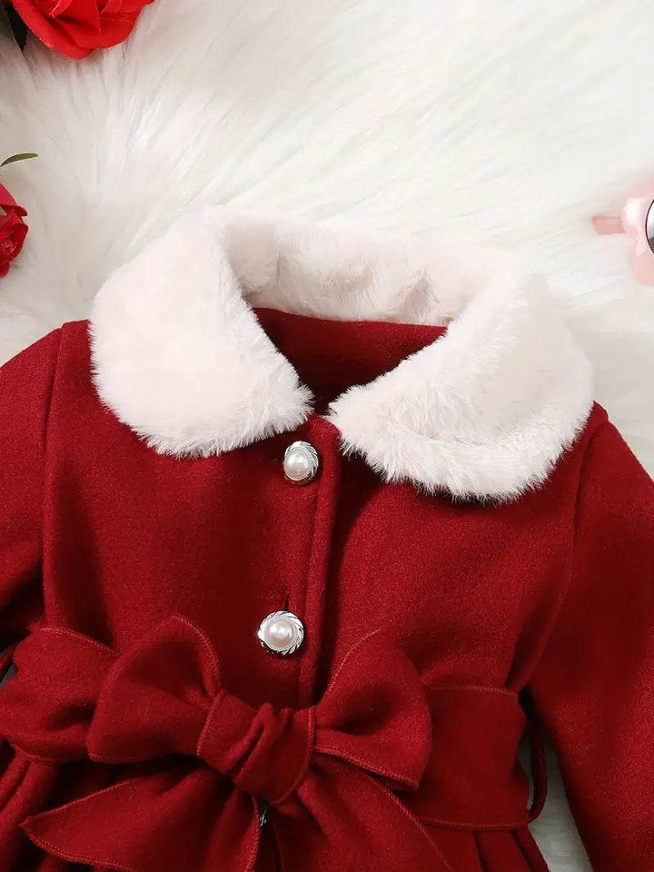 Girls' Winter Coat: Plush Lapel, Bow Detail - Little Fashion