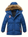 Blue winter jacket with fur-lined hood on a white background
