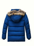 Blue winter jacket with fur-lined hood on a white background