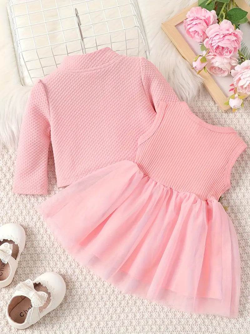 Kids Pink Mesh Vest Dress 2-Piece Set - Little Fashion