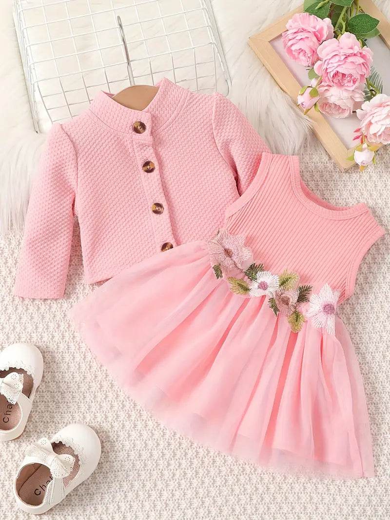 Kids Pink Mesh Vest Dress 2-Piece Set - Little Fashion