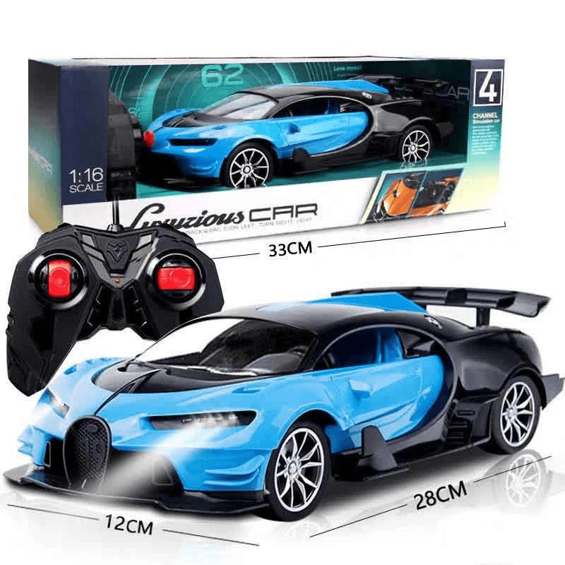 Blue toy car with remote control and packaging displaying the car on a white background