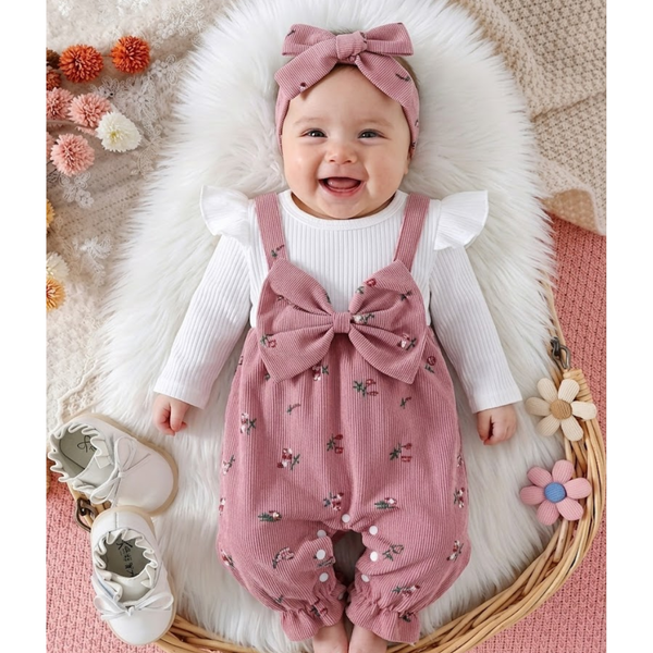 Baby in pink romper with floral patterns and matching headband on a soft surface with flowers.
