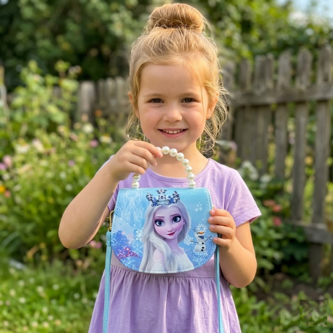 Young girl holding a Frozen-themed purse and necklace in a garden setting