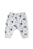 Gray baby pants with Mickey Mouse pattern on a white background
