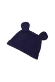 Navy blue baby hat with bear ears on a white background