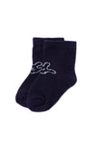 Navy blue socks with a white design on a white background