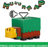 Toy dinosaur made of interlocking bricks with sound effects text above on a white background