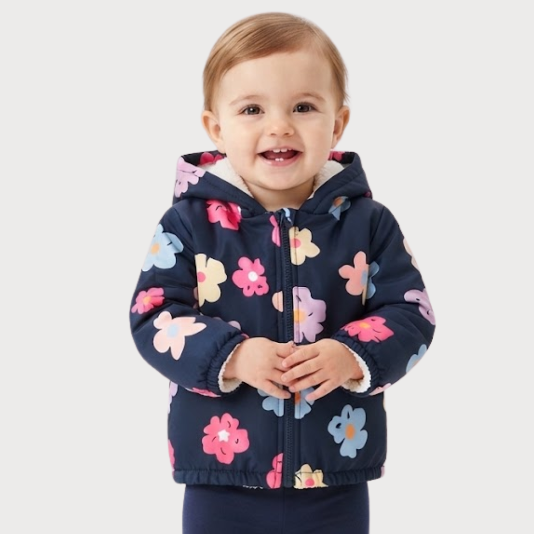 Girls Navy Floral Sherpa-Lined Hooded Jacket 6M-3Y