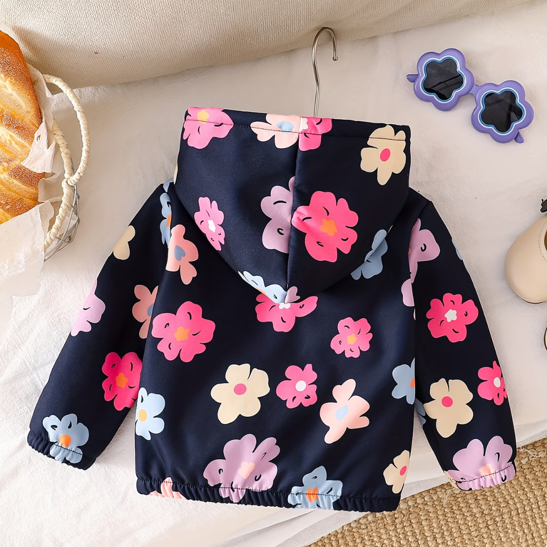 Girls Navy Floral Sherpa-Lined Hooded Jacket 6M-3Y