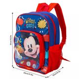Children's backpack with cartoon character design and measurements on a white background