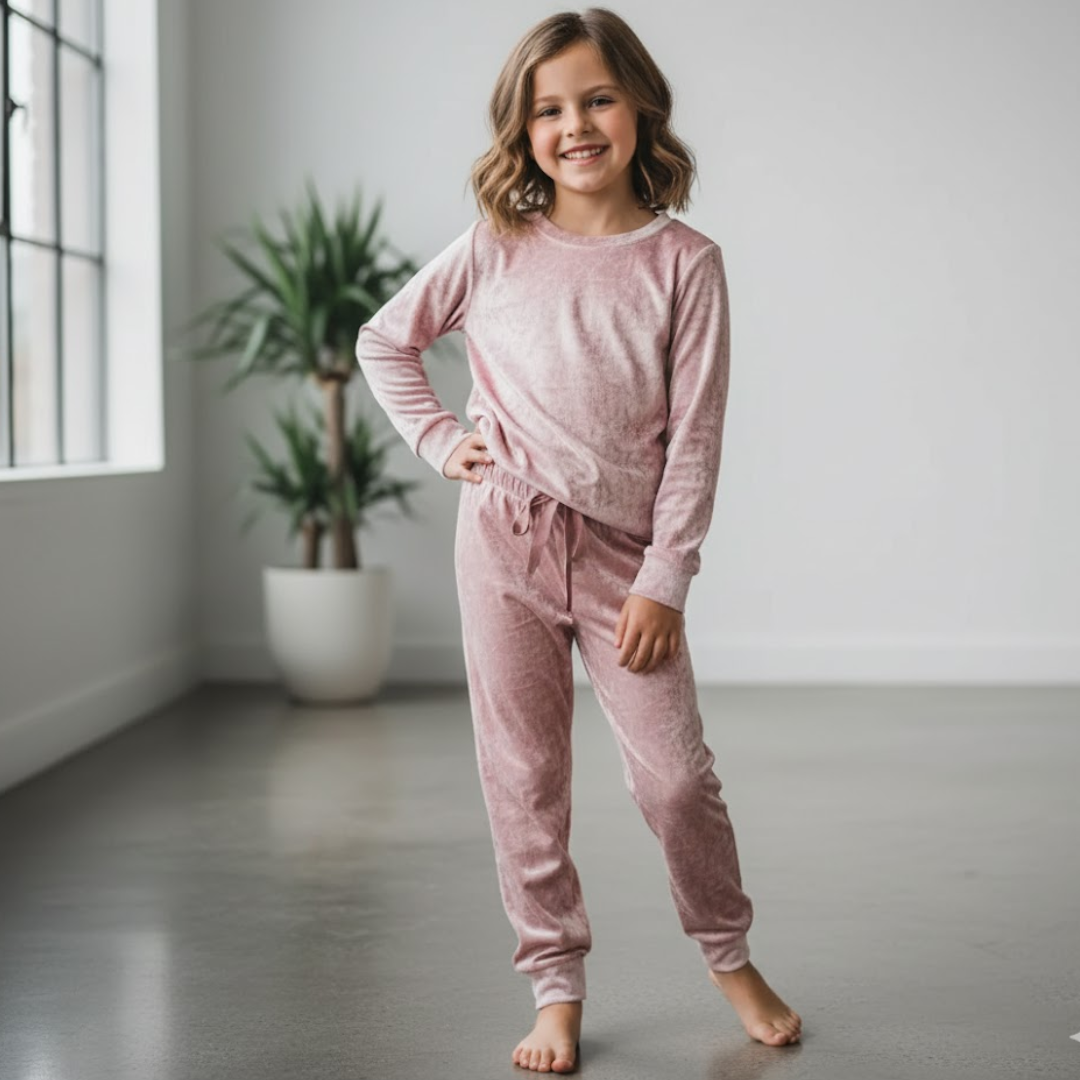Young girl wearing pink pajamas standing in a room with a plant in the background
