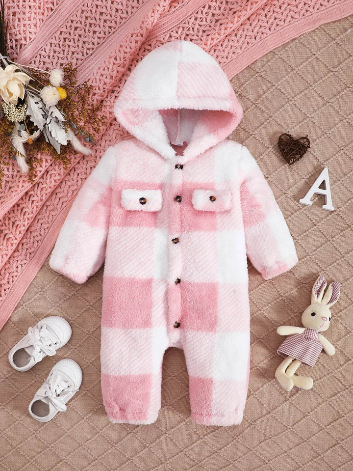 Plaid Baby Romper Hooded Warm Jumpsuit (3-24M) - Little Fashion