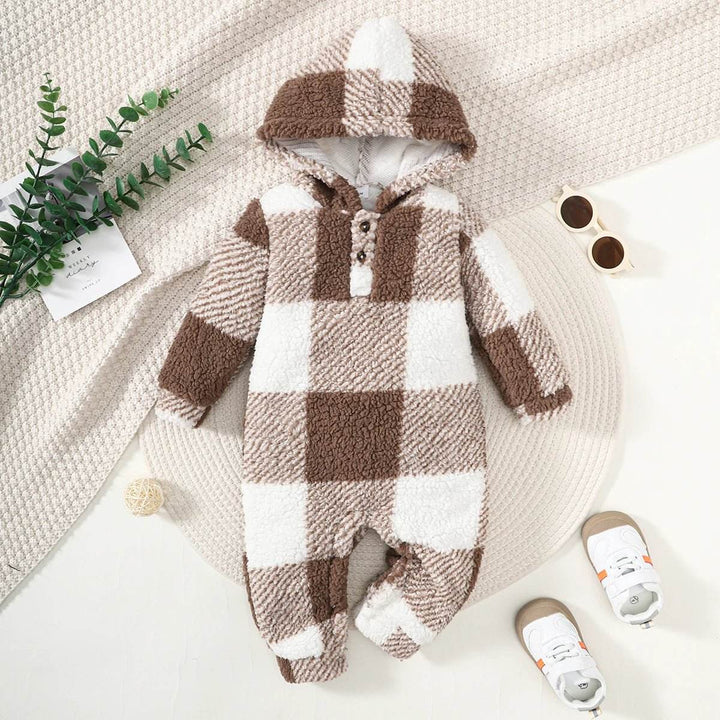 Plaid Baby Romper Hooded Warm Jumpsuit (3-24M) - Little Fashion