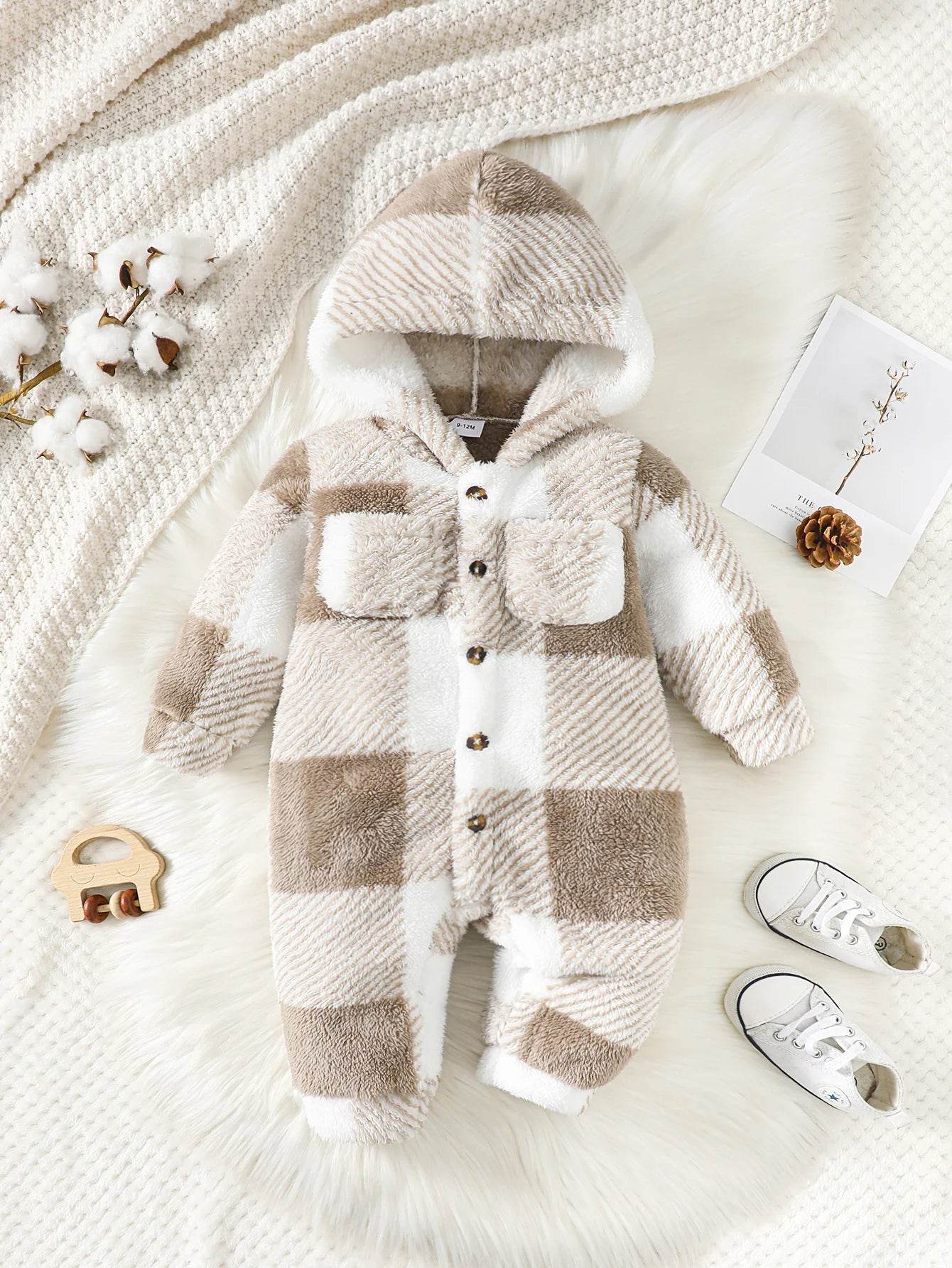 Plaid Baby Romper Hooded Warm Jumpsuit (3-24M) - Little Fashion