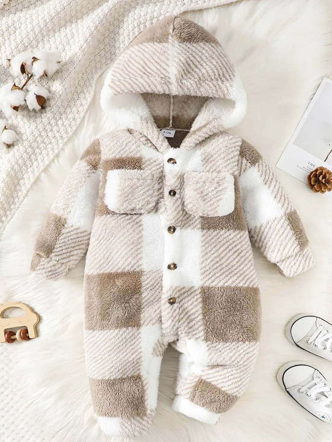 Plaid Baby Romper Hooded Warm Jumpsuit (3-24M) - Little Fashion