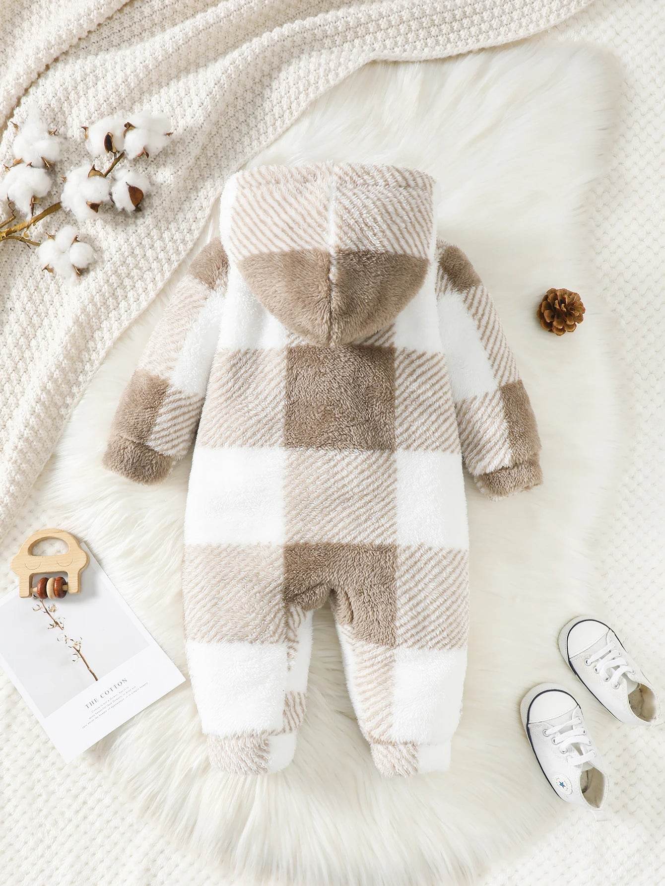 Plaid Baby Romper Hooded Warm Jumpsuit (3-24M) - Little Fashion