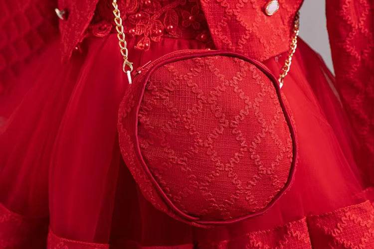 Girls Red Princess Birthday Dress Set – Fancy Gown - Little Fashion