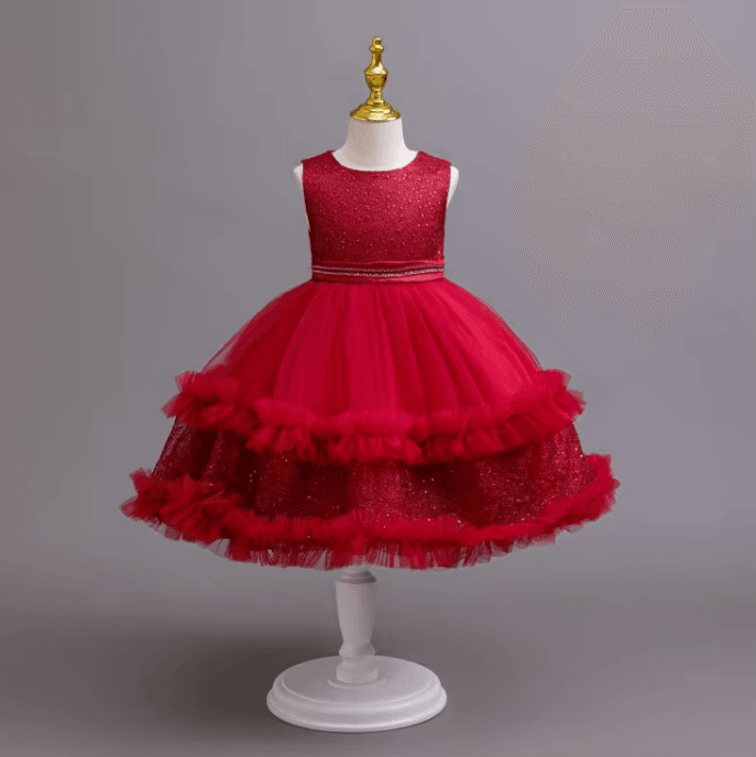 Red Satin Floral Princess Dress – Party Wear - Little Fashion
