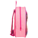 Pink backpack with a character design on a white background