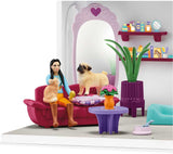 Toy living room set with dolls and pets in a cozy setting