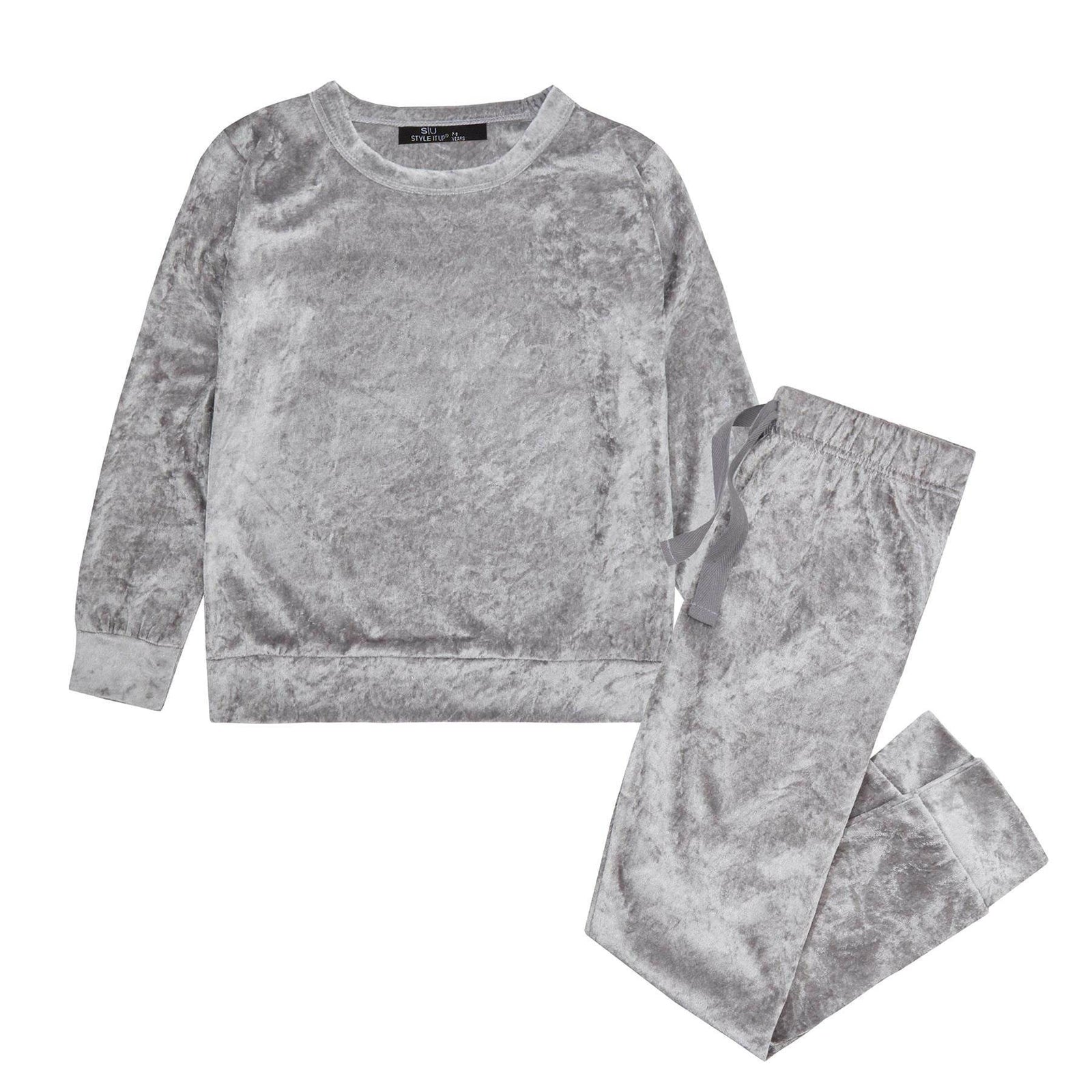 Gray velour sweatshirt and pants set on a white background