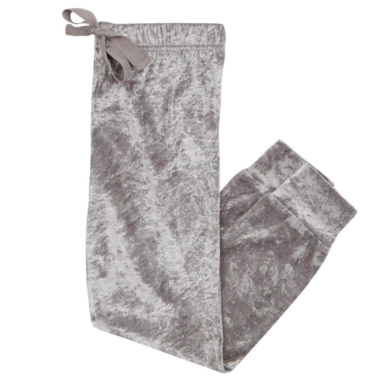 Gray textured pants with a matching bag on a white background