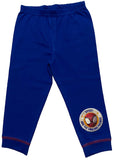 Blue pajama pants with a Spider-Man logo on a white background