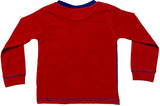 Red long-sleeve shirt with blue trim on a white background