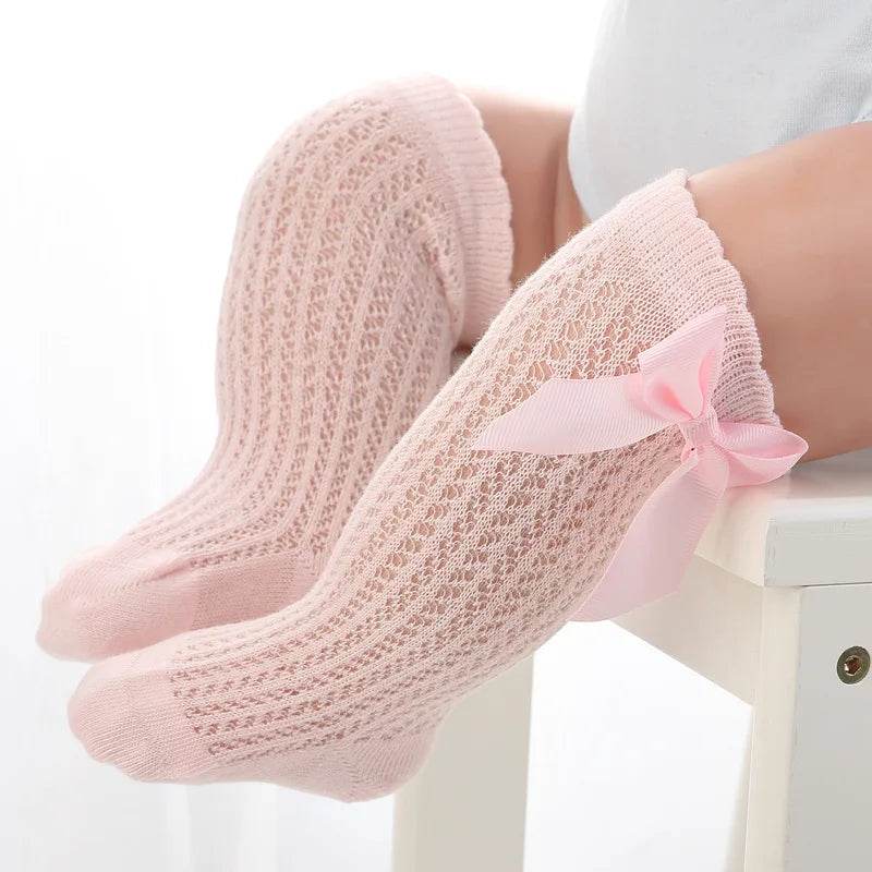 Summer Baby Girls Knee High Socks - Bow & Hollow Out Lace Design - Soft Cotton Mesh for Toddlers (0-12M) - Little Fashion