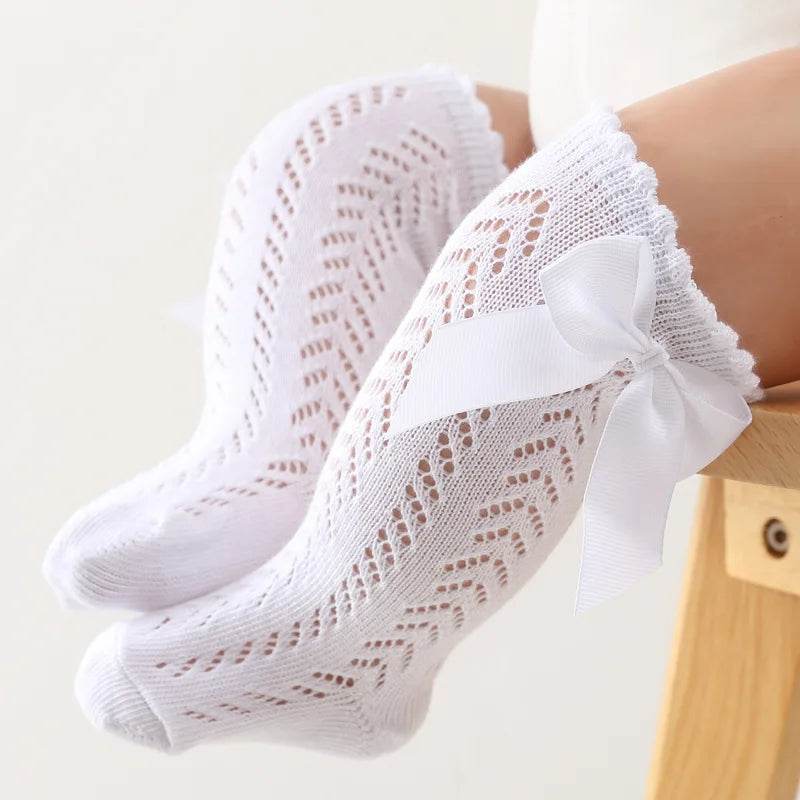 Summer Baby Girls Knee High Socks - Bow & Hollow Out Lace Design - Soft Cotton Mesh for Toddlers (0-12M) - Little Fashion