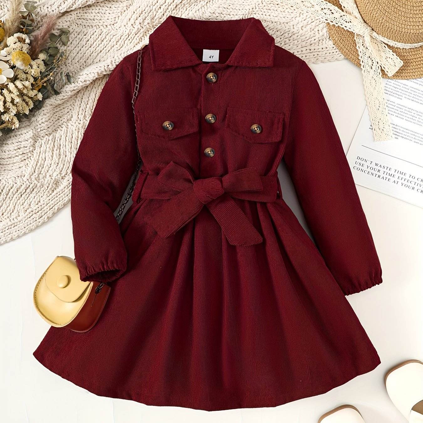 Toddler Girls' Burgundy Bow-Belt Lapel Dress - Little Fashion