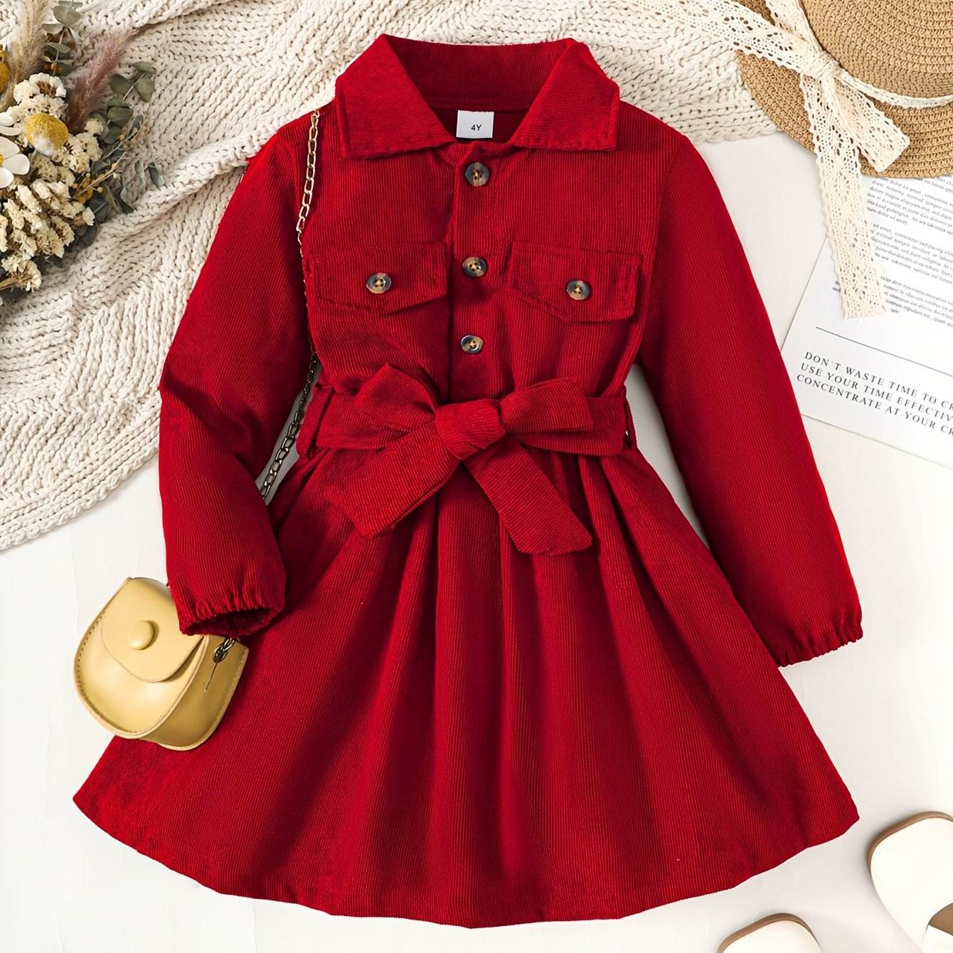 Toddler Girls' Red Bow-Belt Lapel Dress - Little Fashion