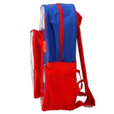 Red and blue backpack with a character design on a white background