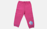 Pink children's pants with a logo on a light gray background