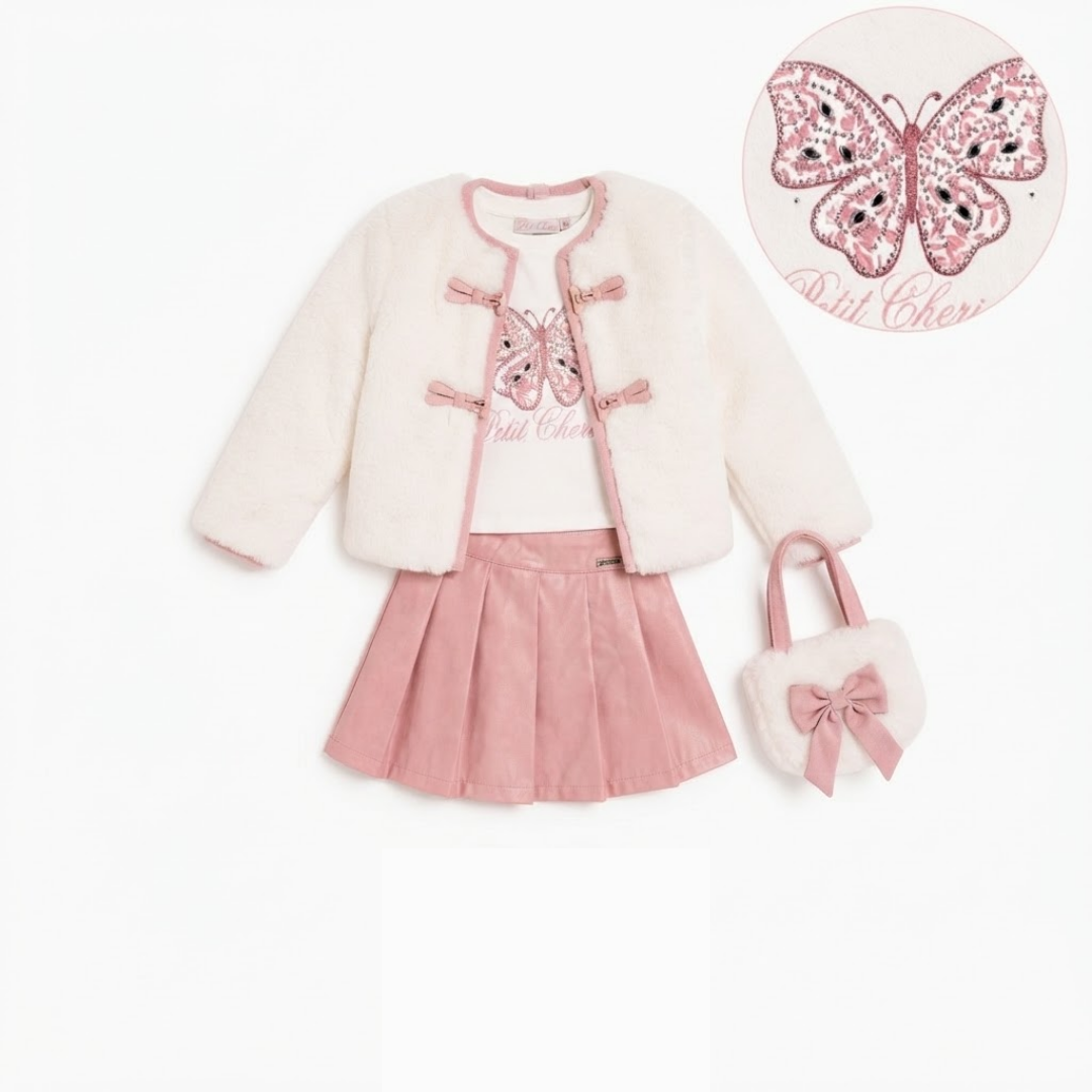 Petit Cheri 4-Piece Butterfly Christmas Outfit Set | Pink & Khaki