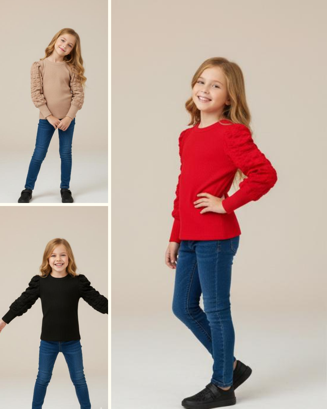 3PCS Girls Bubble Sleeve Tops Set | European Style