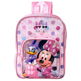 Pink backpack with Minnie Mouse and Daisy Duck design on a white background