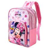 Pink backpack with Minnie Mouse design on a white background