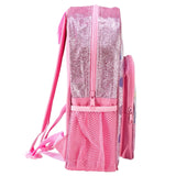 Pink backpack with glittery front pocket on a white background